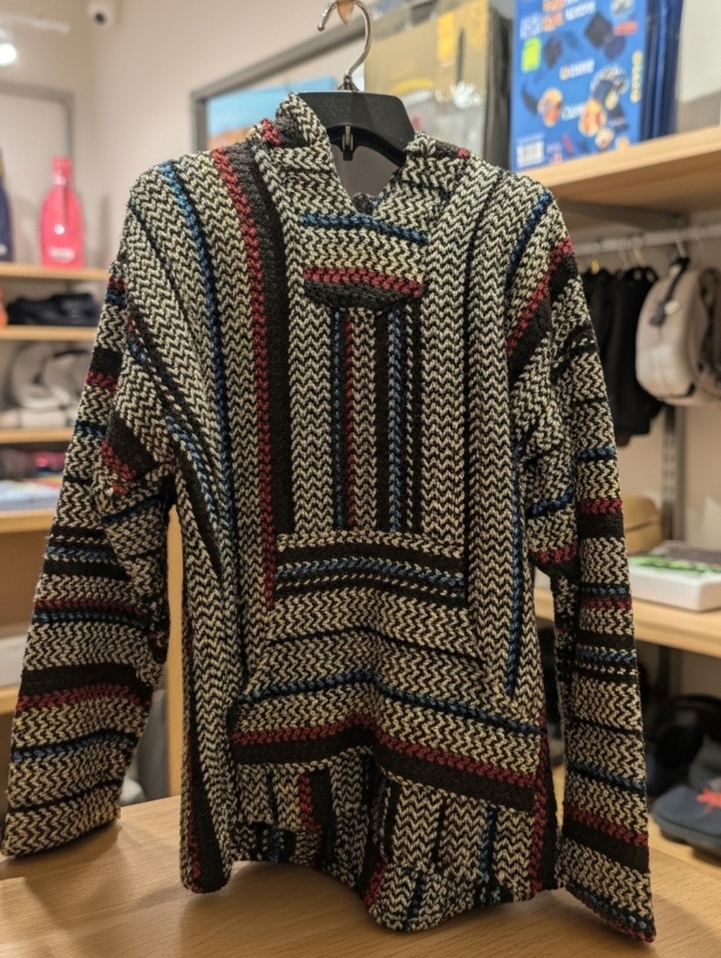 Men's Striped Knit Hoodie Sweater In Black, Cream, Blue & Red Size L